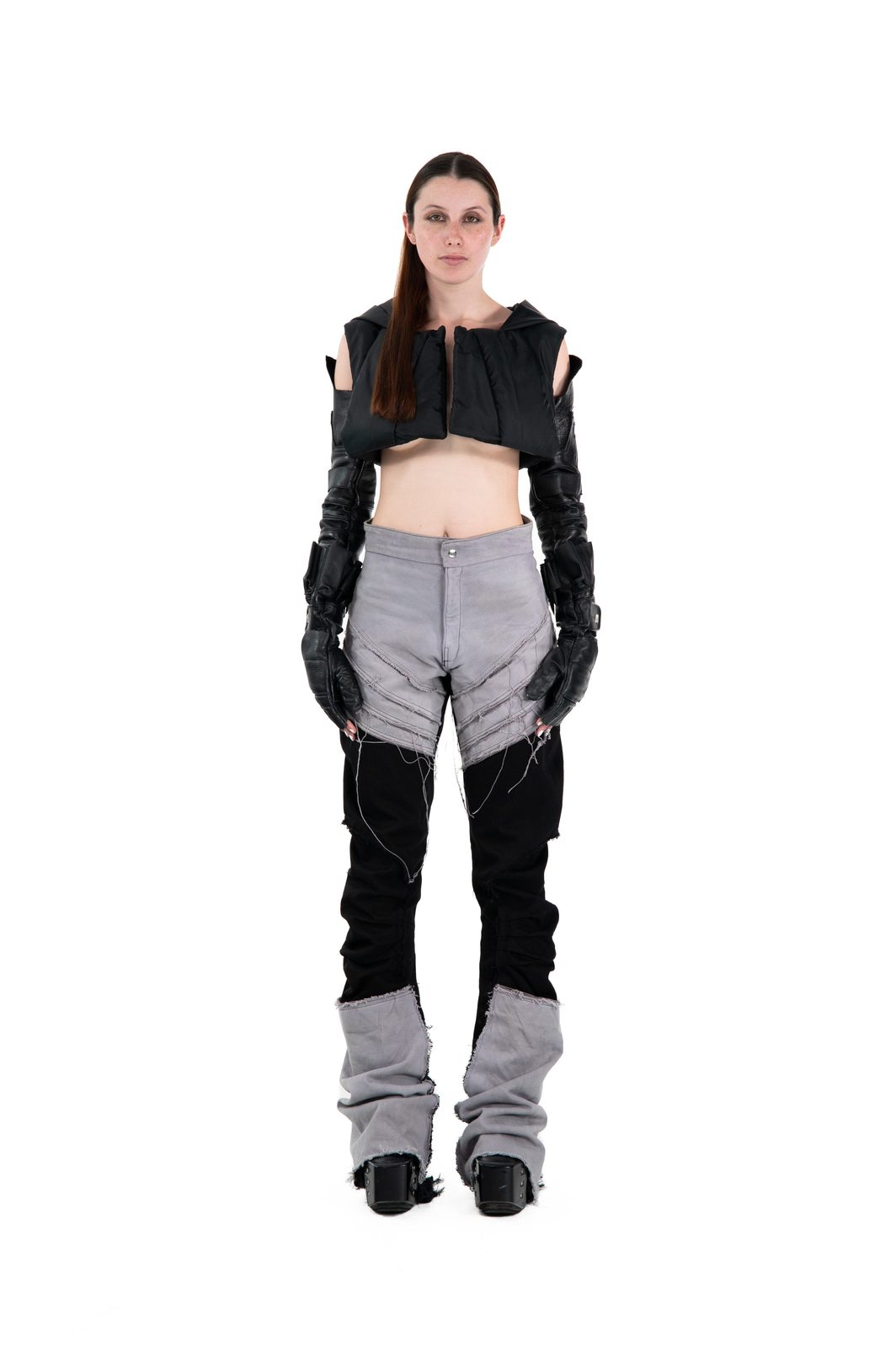 LOOK 10B - Hand-Dyed Raw Edge Flare Denim — FW25 Supervillains, hand-crafted leather & technical garments by NDSCLSD Montréal