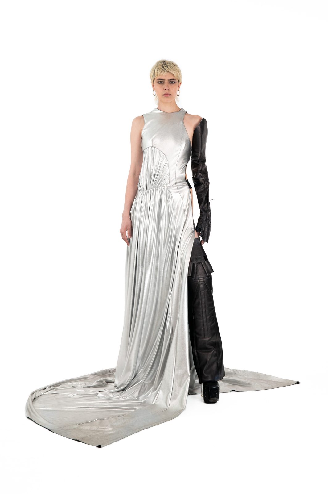 LOOK 14 - Silver Dress with Leather Armor Set — FW25 Supervillains, hand-crafted leather & technical garments by NDSCLSD Montréal