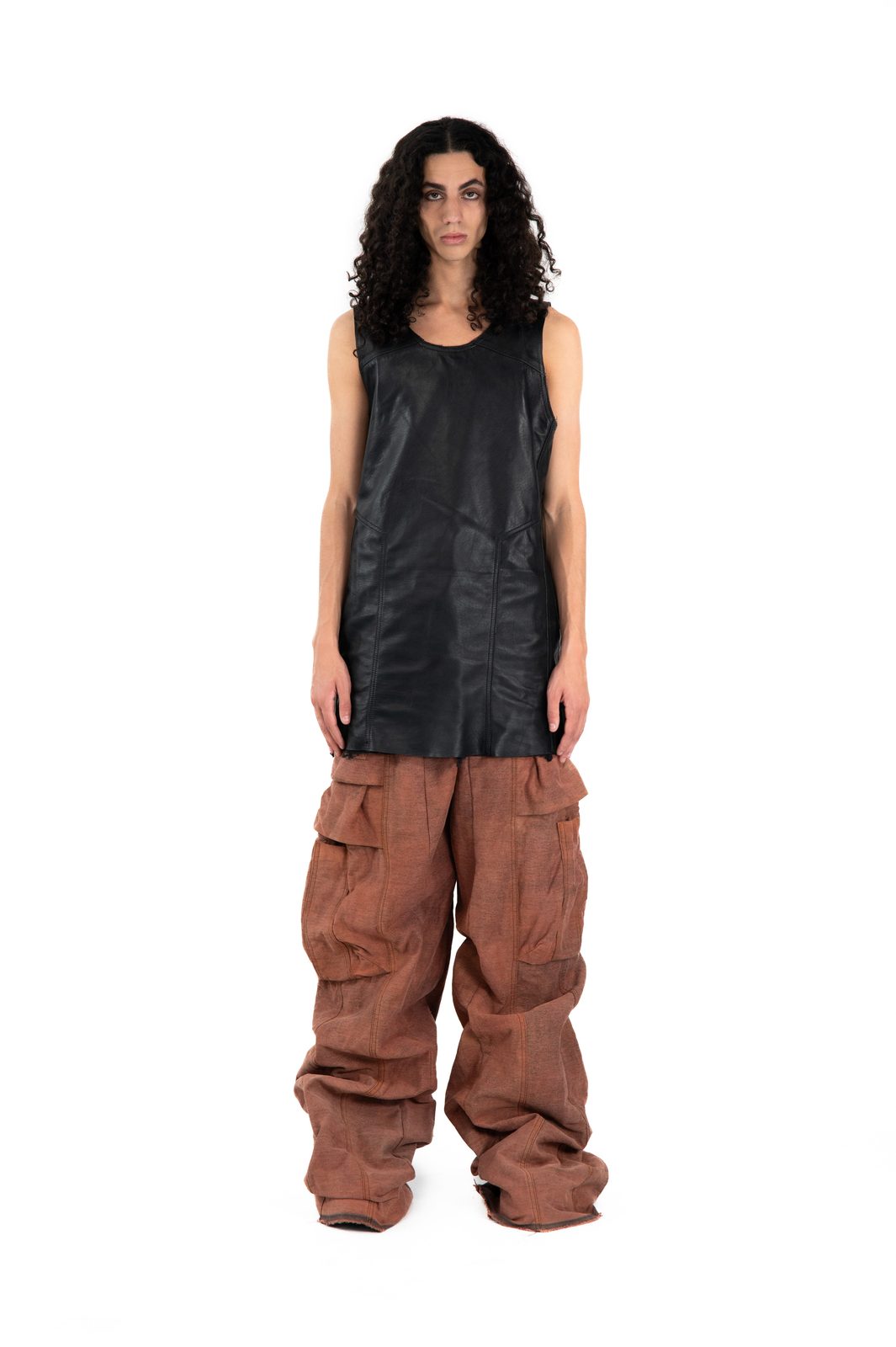 LOOK 17B - 3x Hand-Dyed Flare Cargo Denim — FW25 Supervillains, hand-crafted leather & technical garments by NDSCLSD Montréal