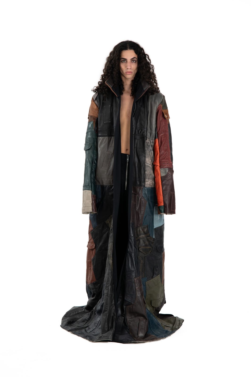LOOK 24T - Lambskin Cowhide Patchwork Overcoat — FW25 Supervillains, hand-crafted leather & technical garments by NDSCLSD Montréal
