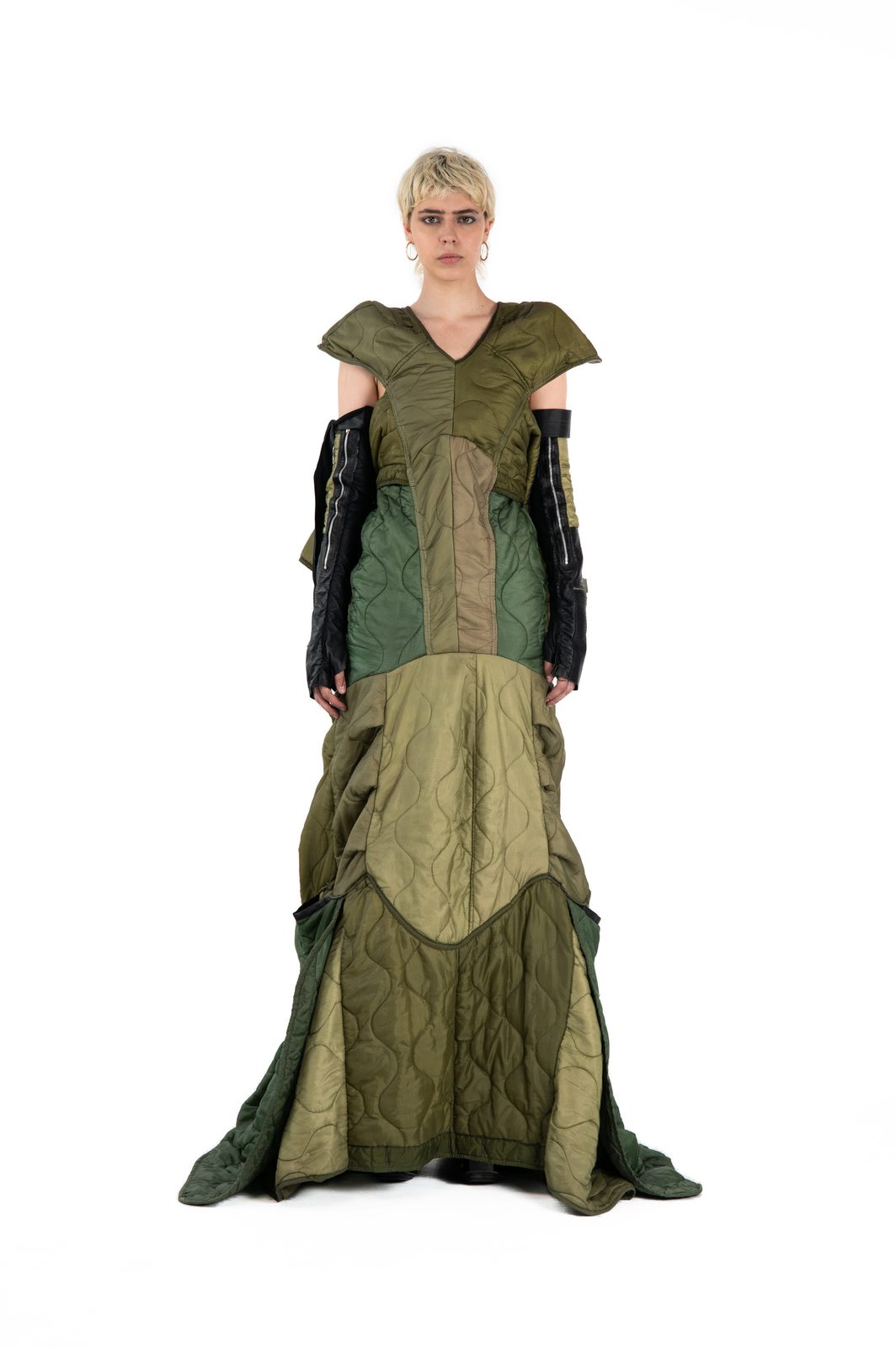 LOOK 6 - Military Liner Dress with gloves — FW25 Supervillains, hand-crafted leather & technical garments by NDSCLSD Montréal