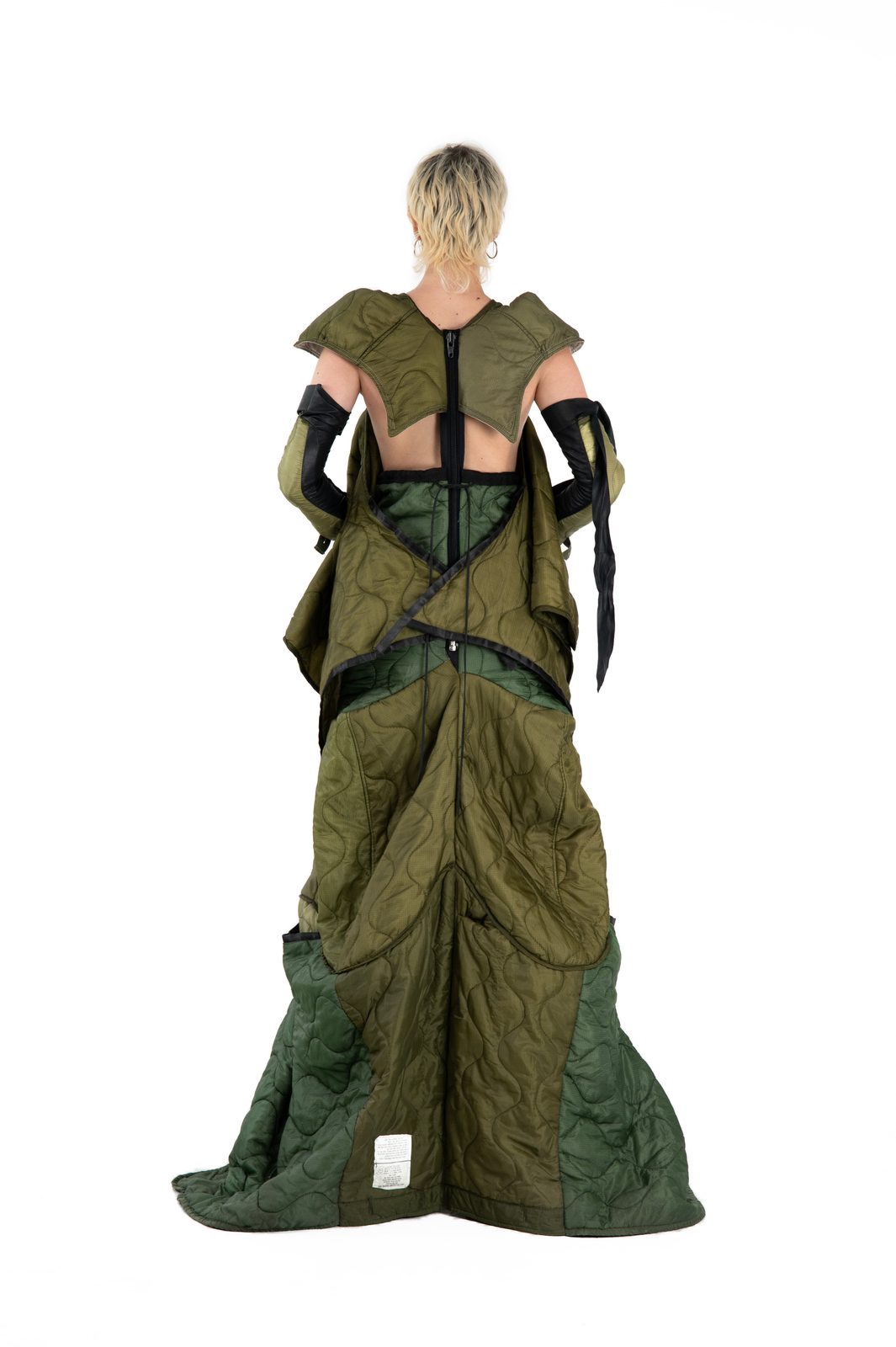 LOOK 6 - Military Liner Dress with gloves — FW25 Supervillains, hand-crafted leather & technical garments by NDSCLSD Montréal