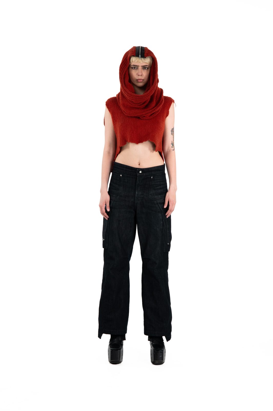 LOOK 8T - Hand-Knitted Transformable Hood Top — FW25 Supervillains, hand-crafted leather & technical garments by NDSCLSD Montréal